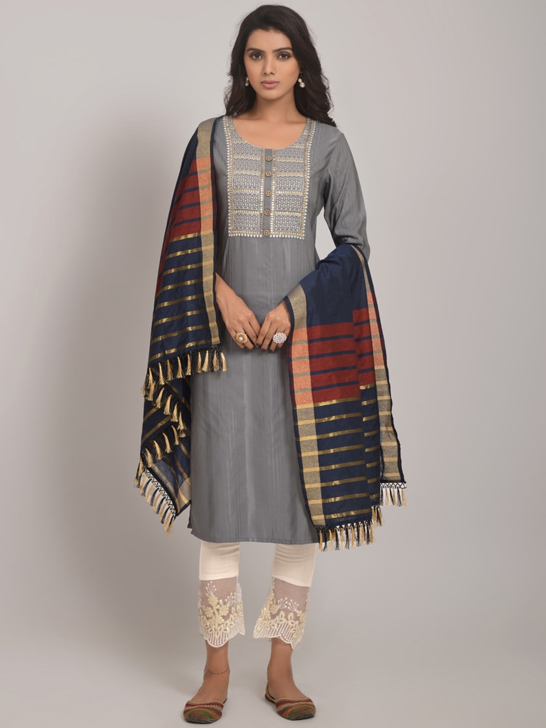 

Jinax Sequinned Yoke Design Regular Kurta With Trouser & Dupatta, Grey