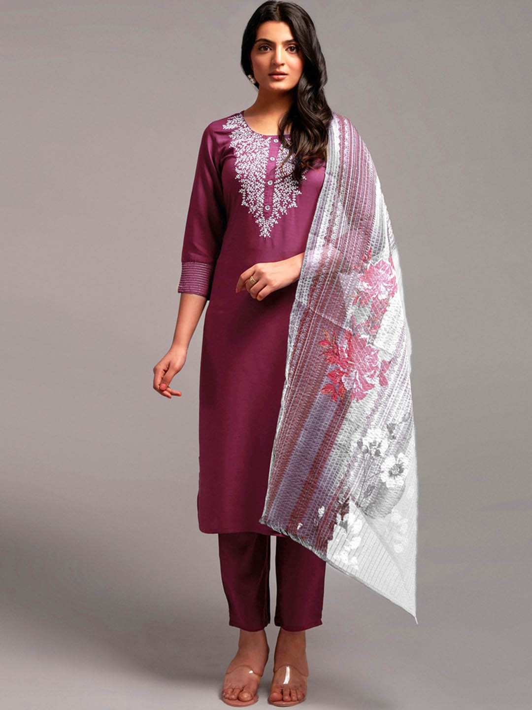 

Jinax Sequinned Yoke Design Regular Kurta With Trouser & Dupatta, Magenta