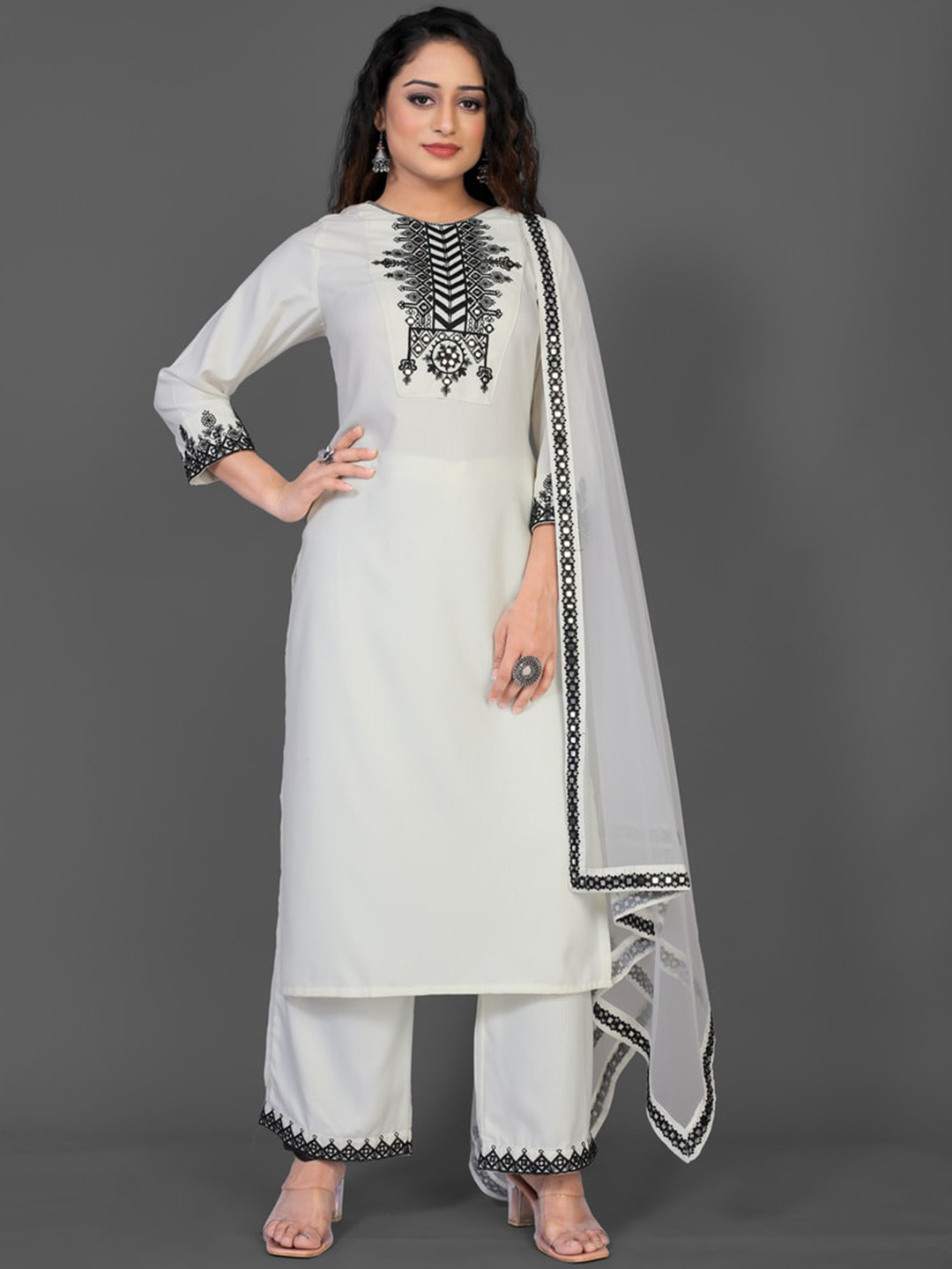 

Jinax Ethnic Motifs Yoke Embroidered Mirror Work Straight Kurta & Pyjama With Dupatta, Off white
