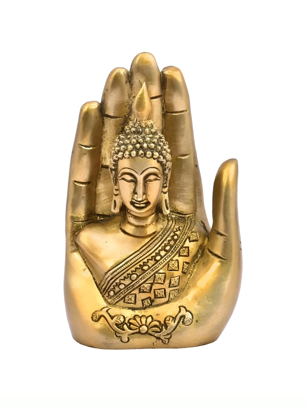 

The Advitya Gautam Buddha On Hand Brass Idol Showpiece, Gold