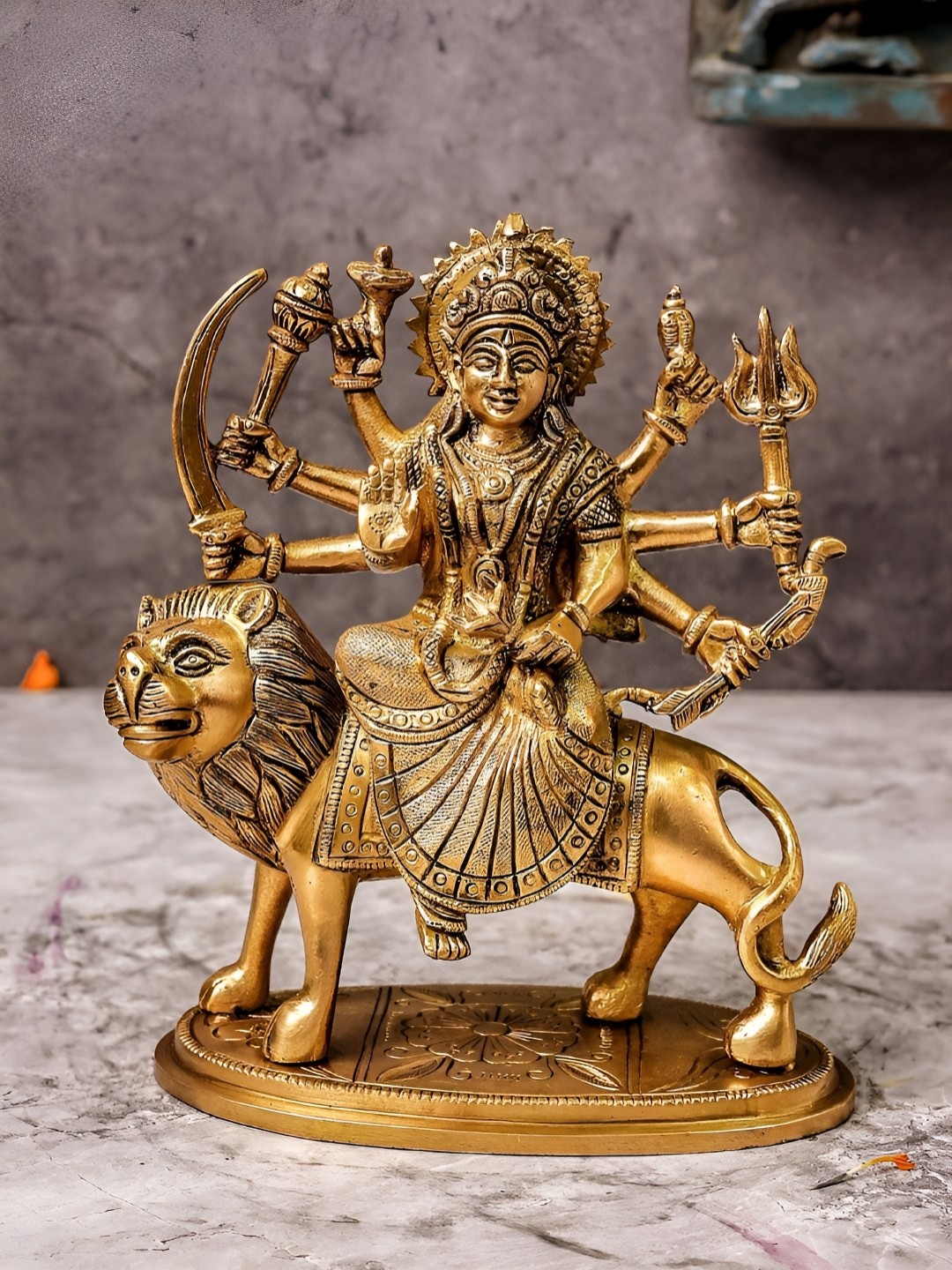 

The Advitya Durga with Eight Hands Brass Idol Showpiece, Gold