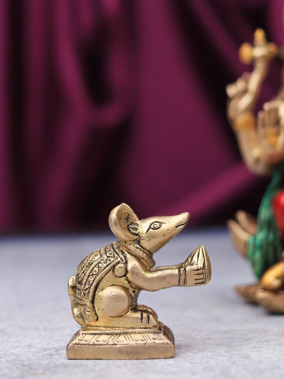 

The Advitya Lord Ganesha Vahana-Mouse Brass Idol Showpiece, Gold