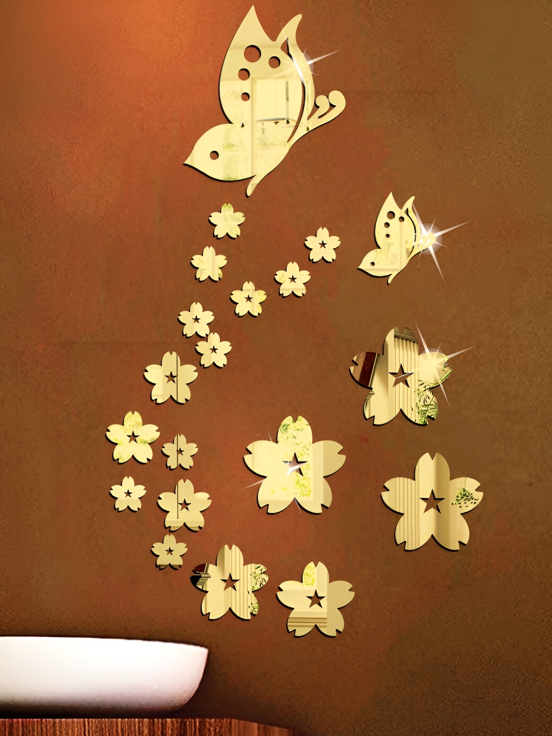 

Wall1ders Gold Toned 21 Pieces Butterfly & Flower Shaped Mirror Wall Stickers