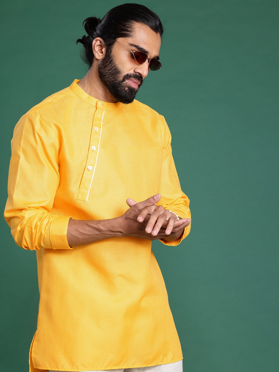 

Sangria Band Collar Long Sleeves Angrakha Kurta, Yellow