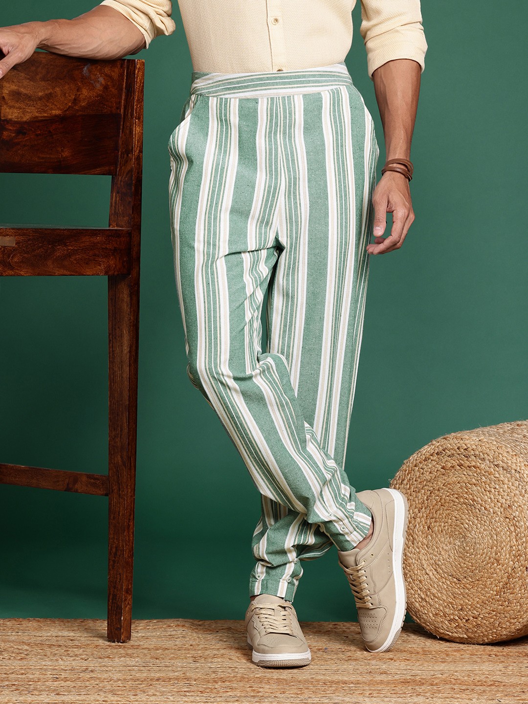 

Sangria Men Striped Trousers, Green