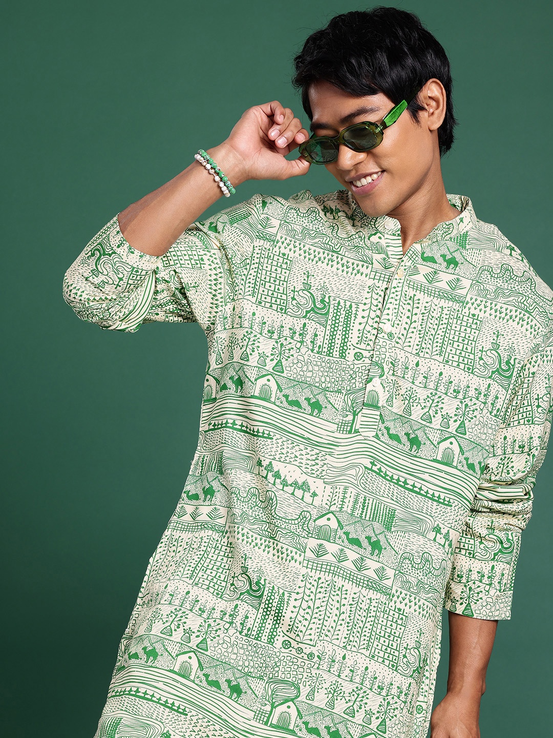 

Sangria Band Collar Tribal Printed Straight Kurta, Green