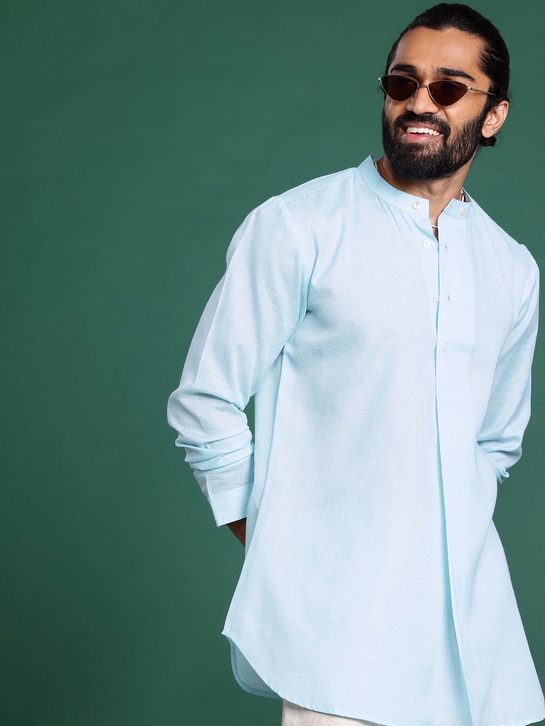 

Sangria Band Collar Long Sleeves Kurta, Blue