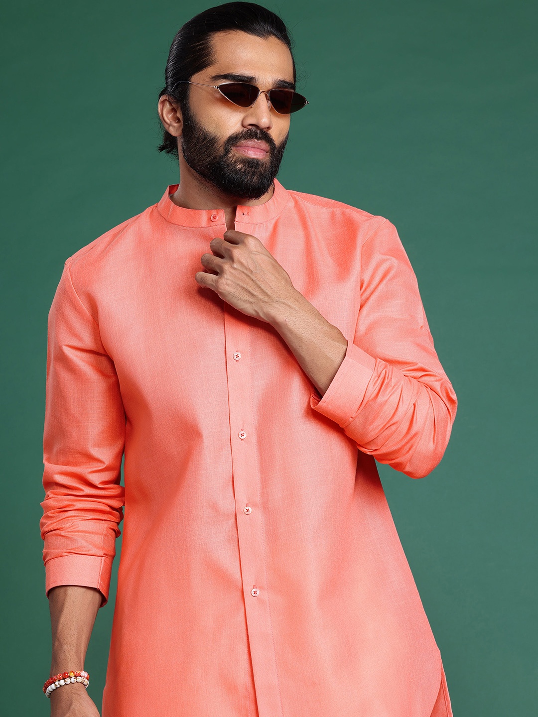 

Sangria Band Collar Long Sleeves Kurta, Coral