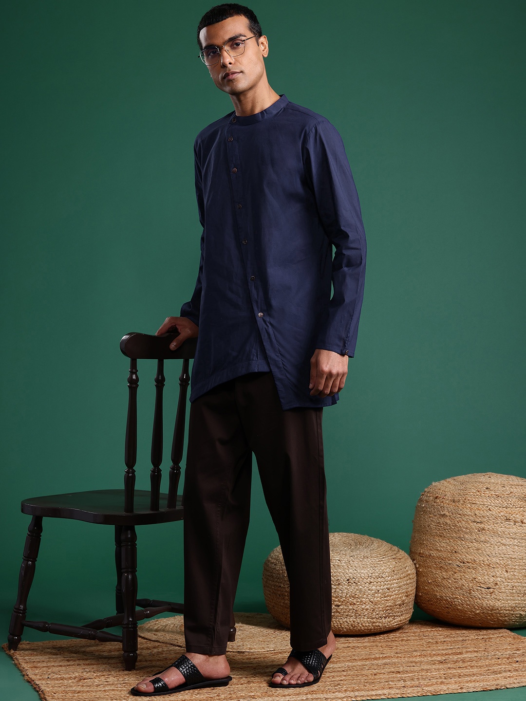 

Sangria Pure Cotton Angrakha Style Straight Kurta, Navy blue