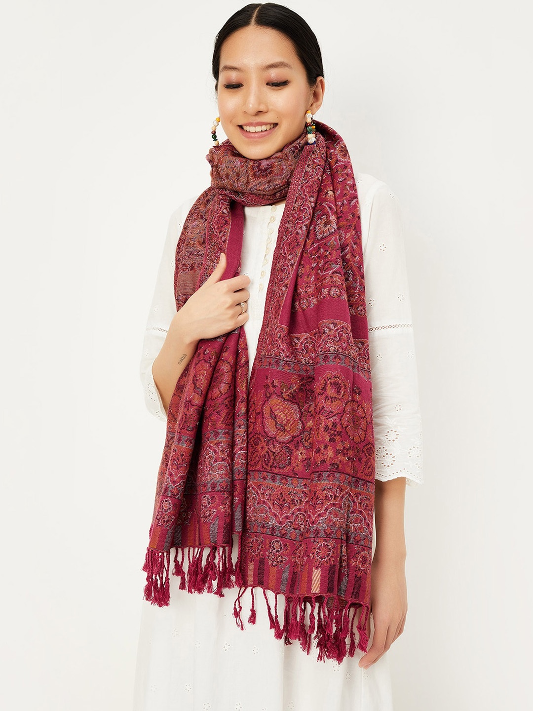 

max Ethnic Motifs Woven Design Shawl, Fuchsia