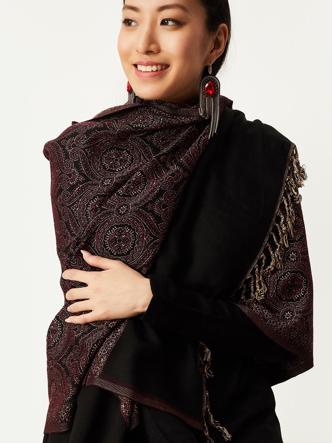 

max Ethnic Motifs Woven Design Shawl, Black