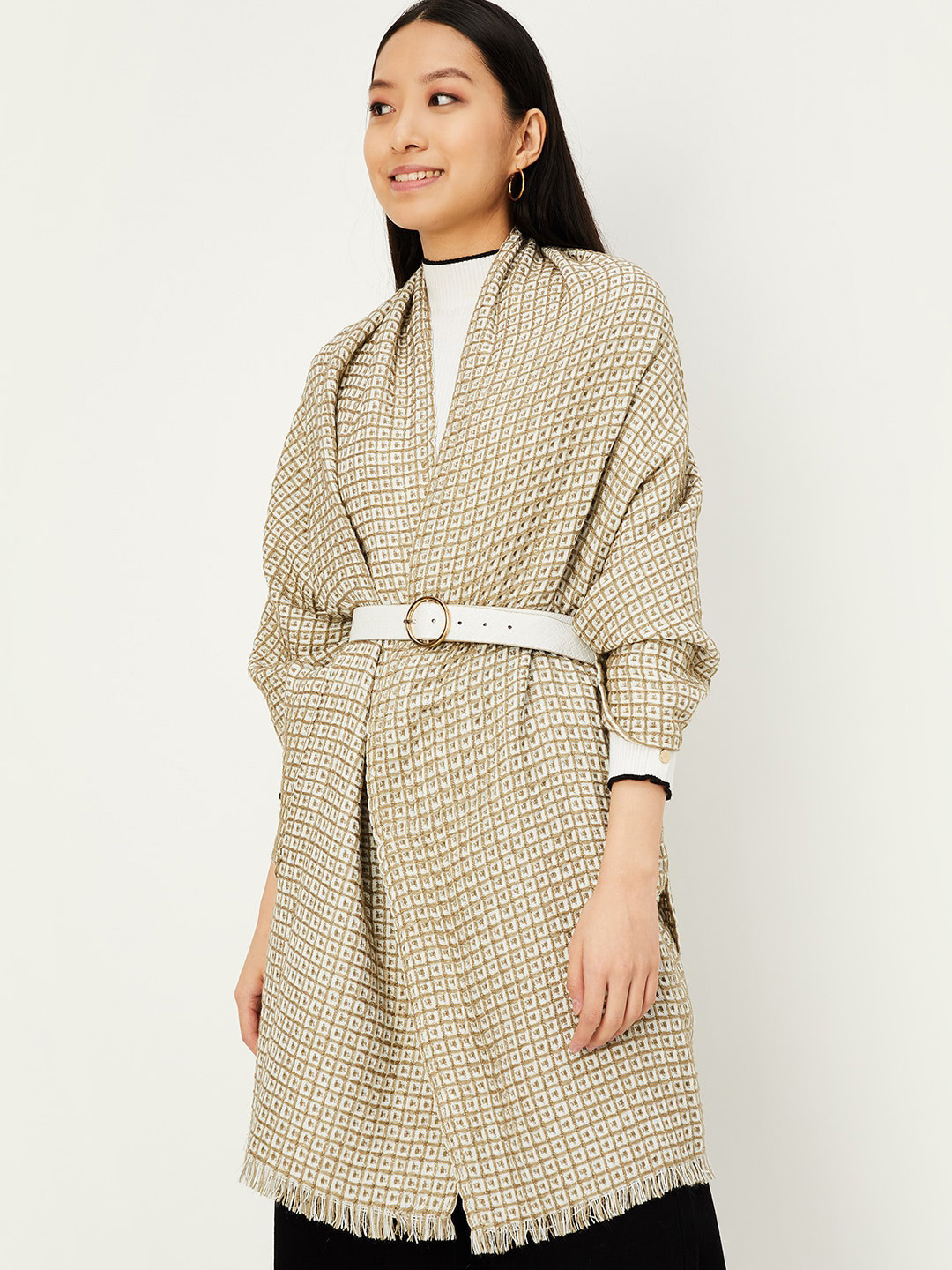 

max Geometric Woven Design Acrylic Shawl, Beige