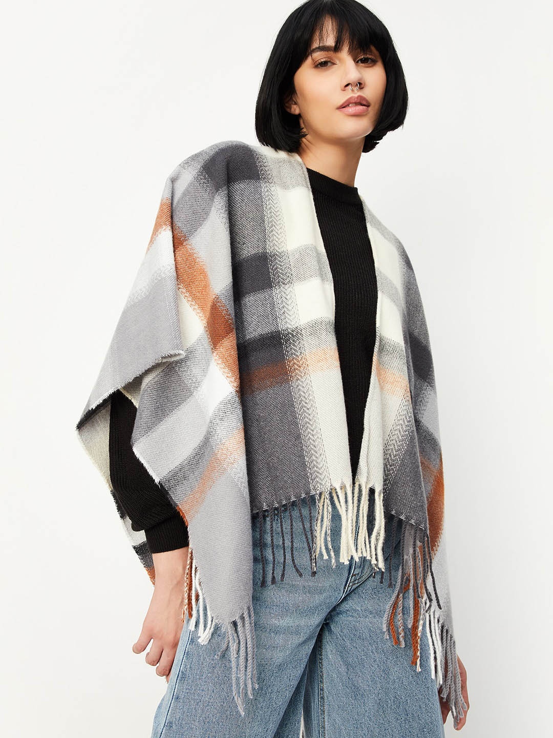 

max Checked Shawl, Grey