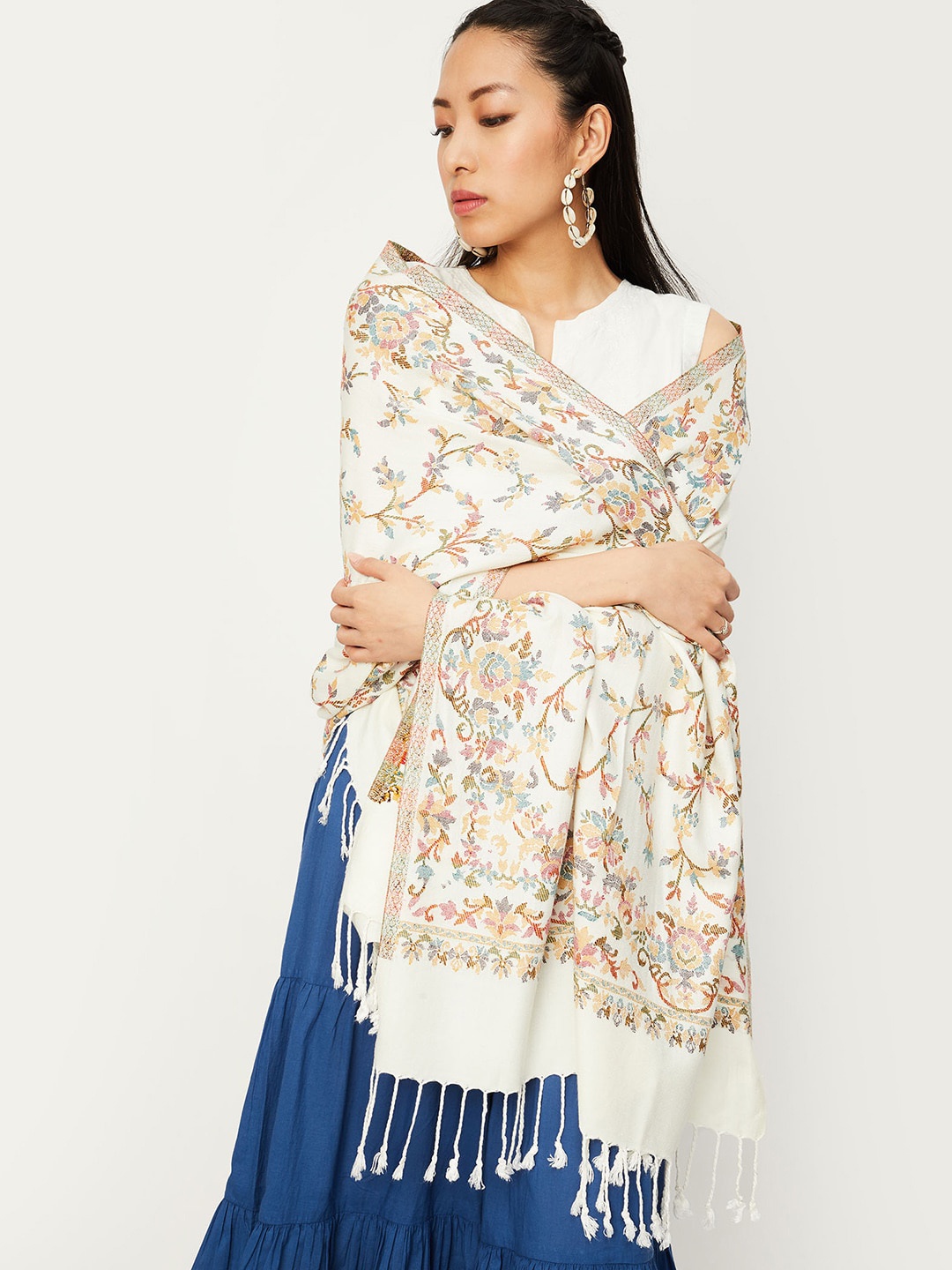 

max Women Woven Design Shawl, Off white