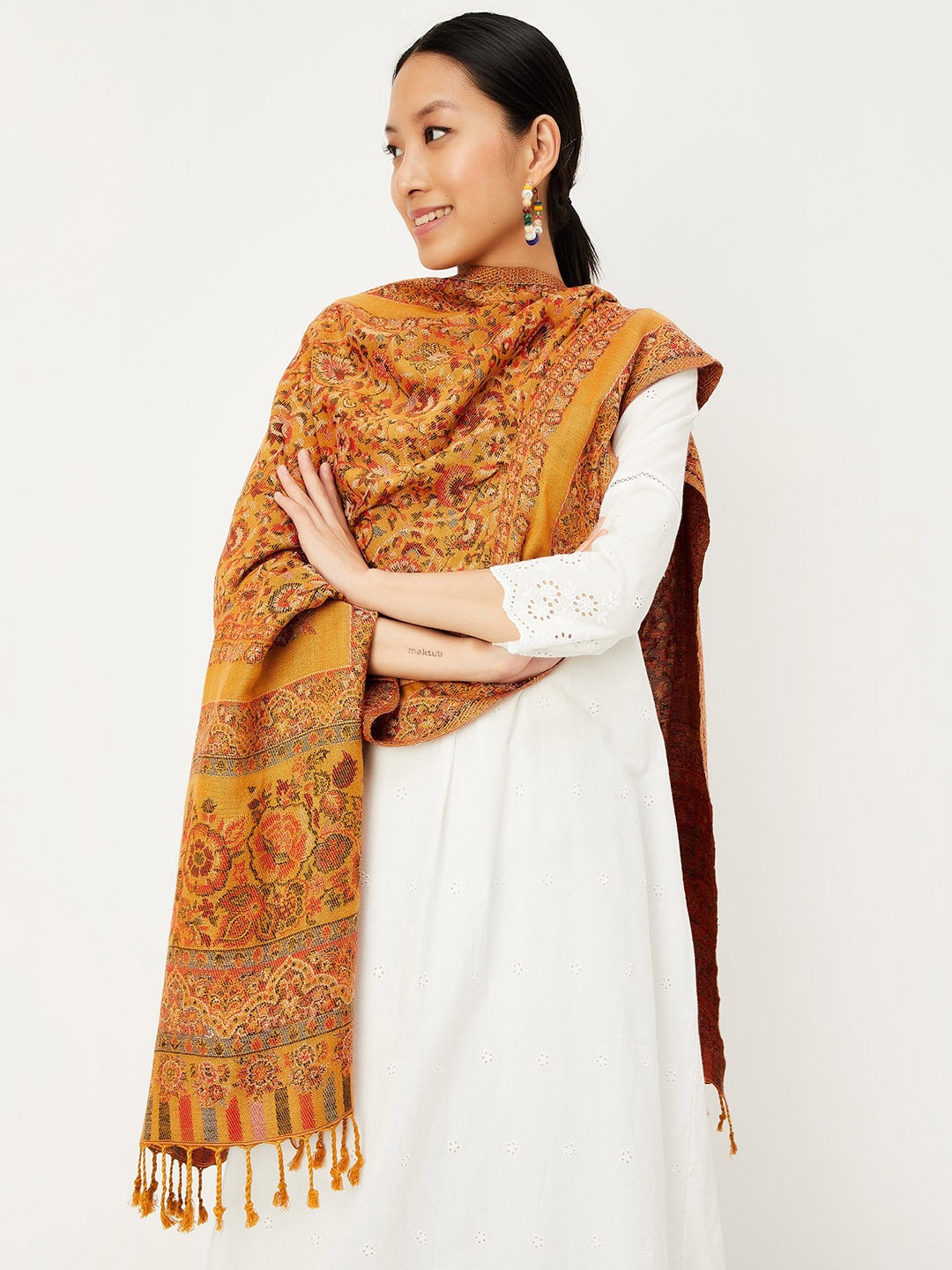 

max Ethnic Motifs Woven Design Shawl, Yellow