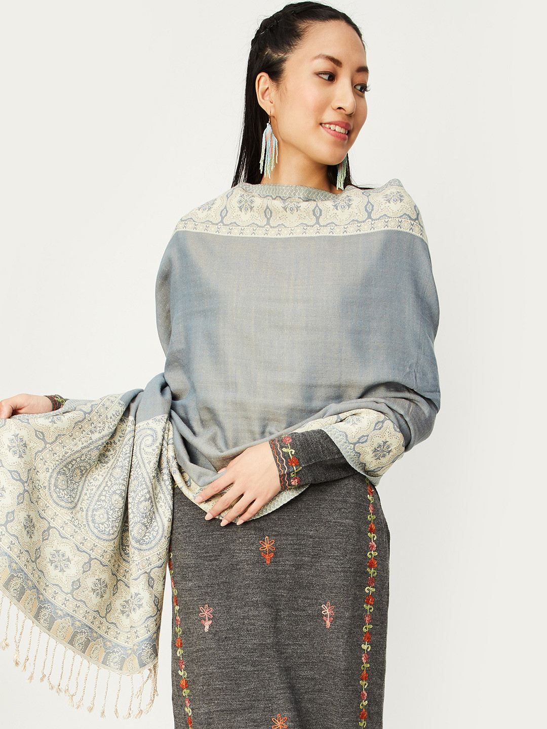 

max Floral Woven Design Acrylic Shawl, Grey