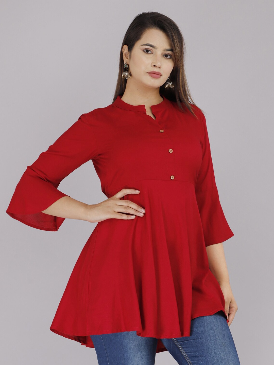 

BAESD Mandarin Collar Three-Quarter Sleeves A-Line Kurti, Maroon