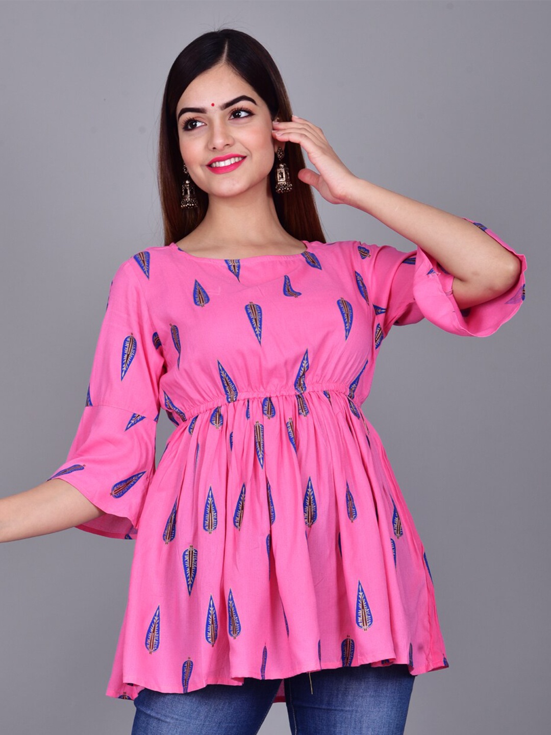 

BAESD Ethnic Motifs Printed A-line Kurti, Pink