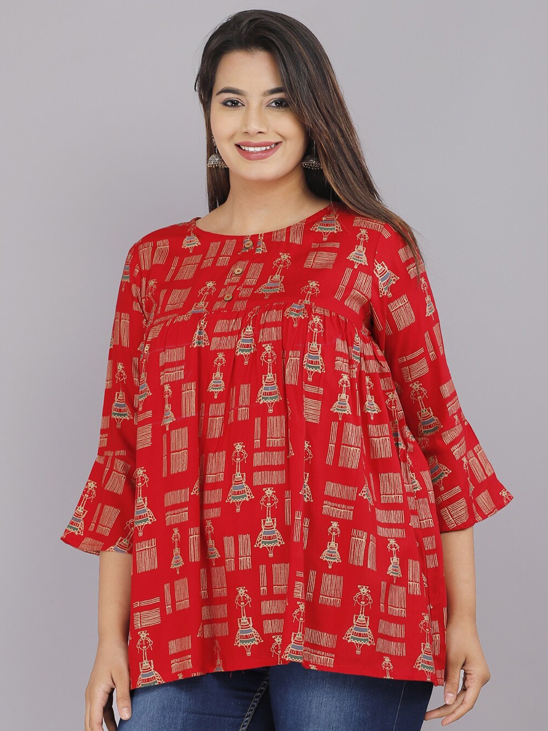 

BAESD Ethnic Motifs Printed A-line Kurti, Red