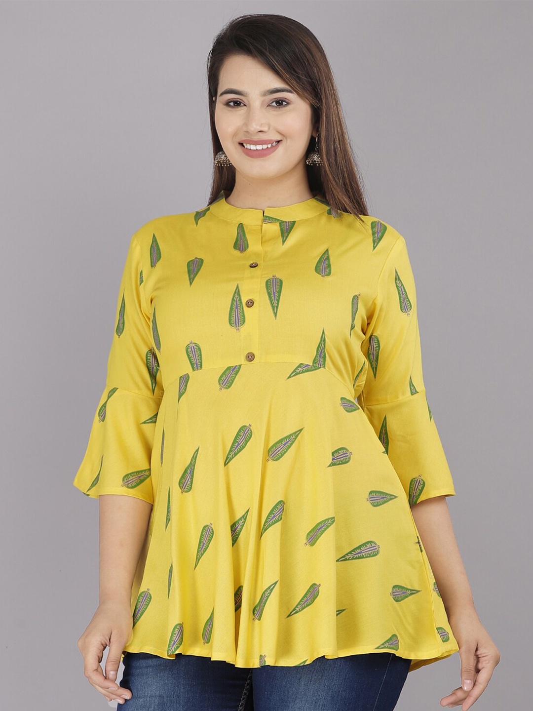 

BAESD Mustard Yellow & Green Floral Print Mandarin Collar Ethnic Top