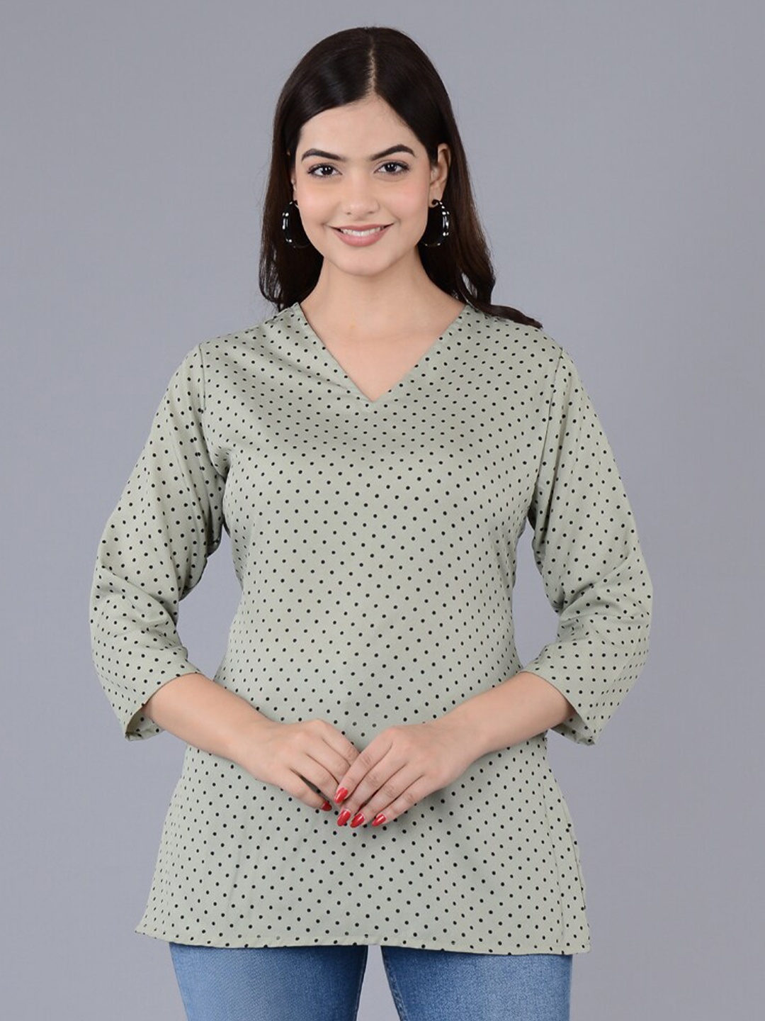 

BAESD Polks Printed V-Neck Three-Quarter Sleeves Straight Kurti, Grey