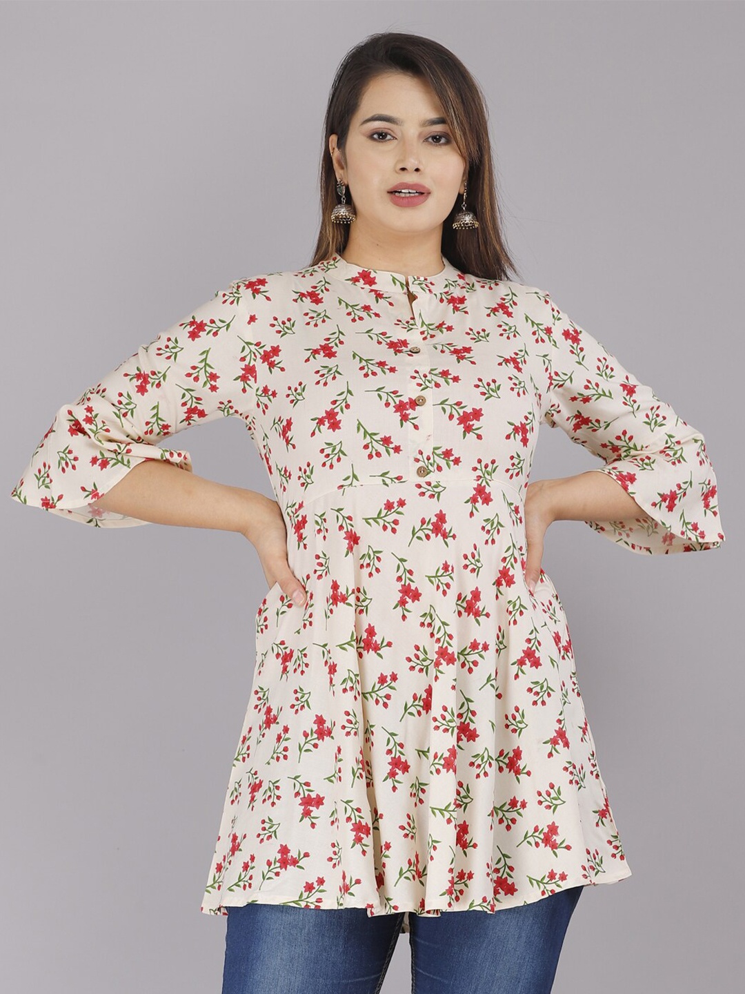 

BAESD Floral Printed Mandarin Collar Bell Sleeves A-Line Pleated Kurti, White