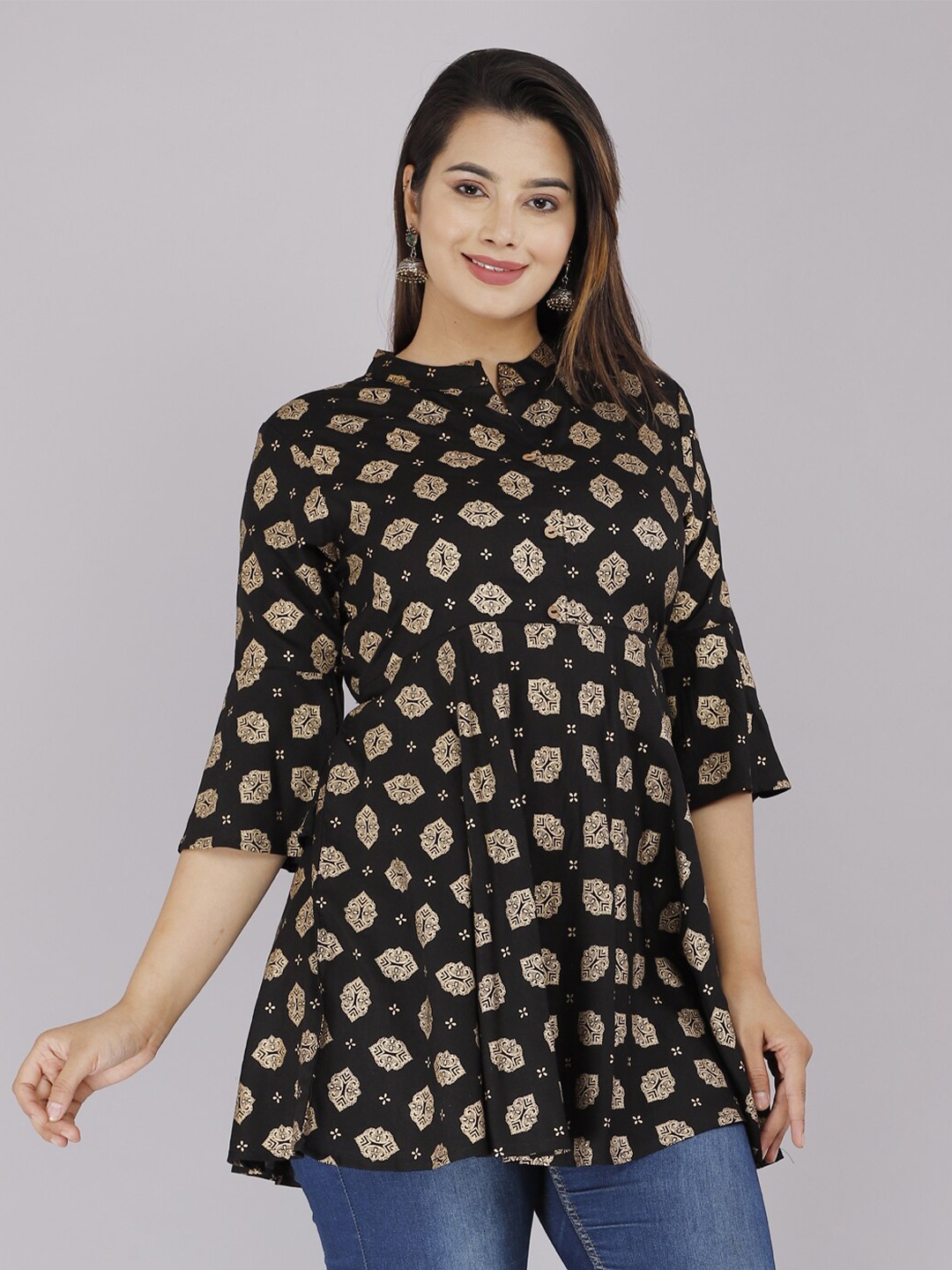 

BAESD Ethnic Motifs Printed Mandarin Collar A-Line Longline Top, Black