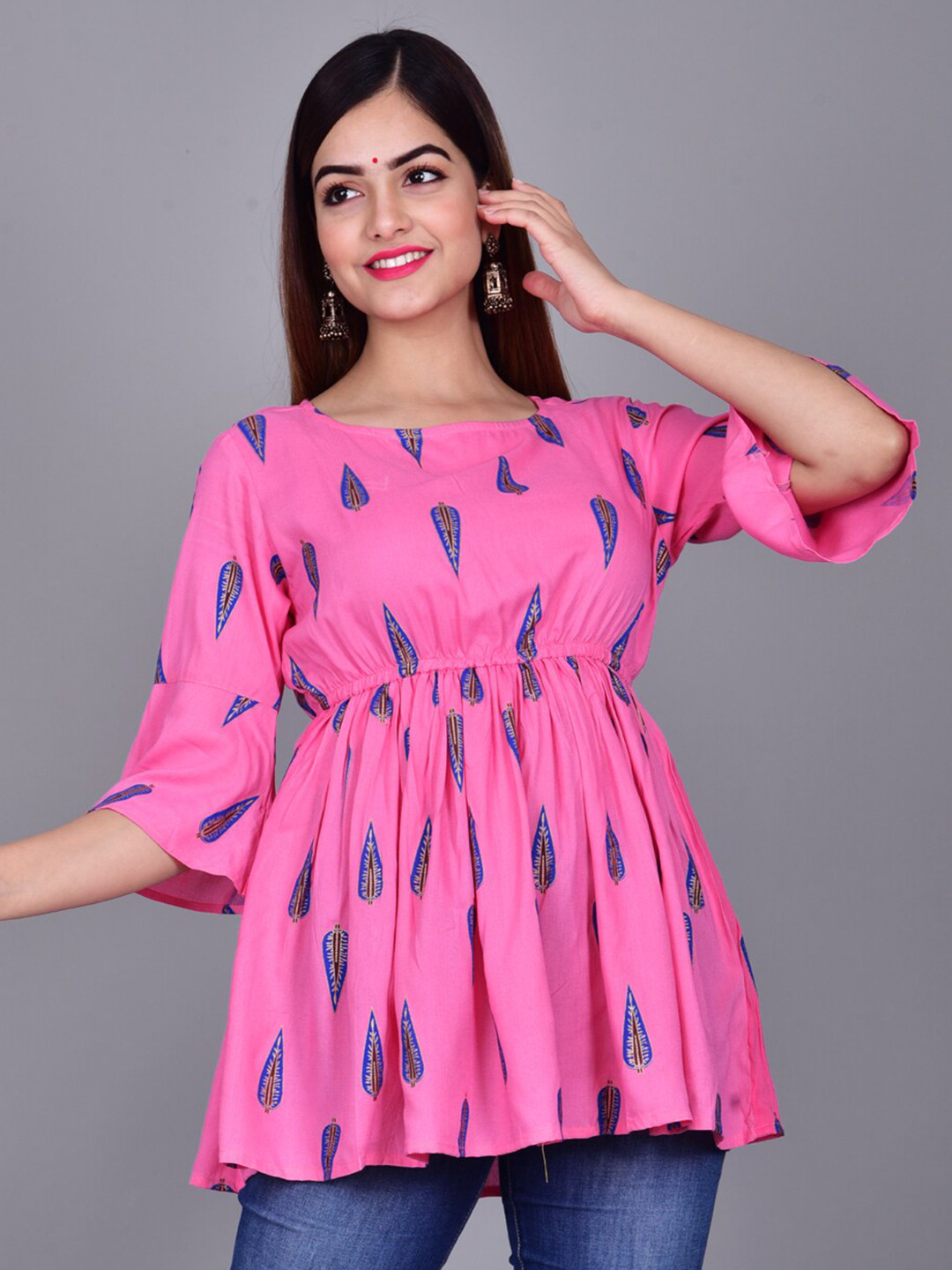 

BAESD Ethnic Motifs Printed Bell Sleeves A-Line Pleated Kurti, Pink