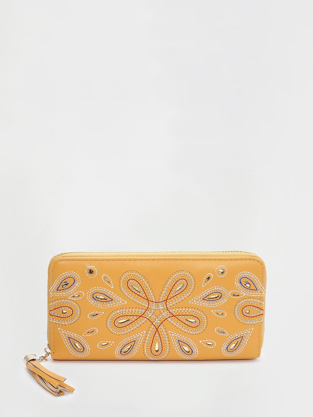 

max Women PU Floral Self Design Zip Around Wallet, Yellow