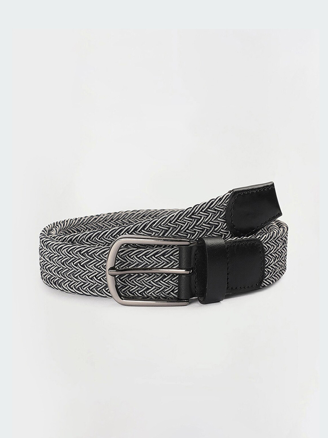 

max Men Woven Design Leather Wide Belt, Grey
