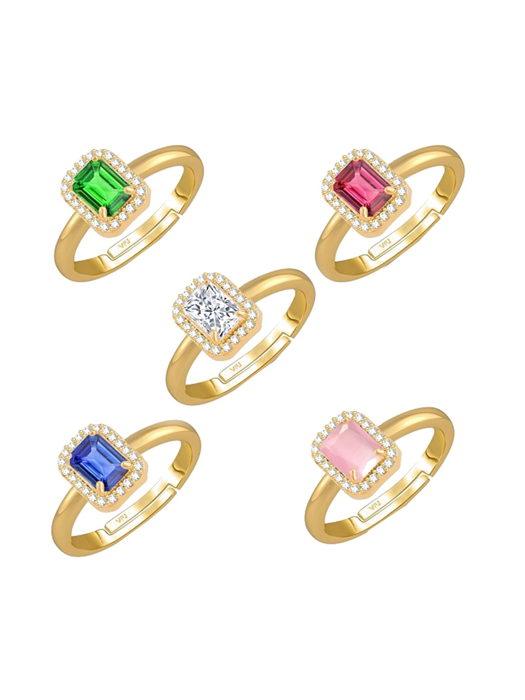

Vighnaharta Set Of 5 Gold-Plated Cubic Zirconia Studded Finger Rings