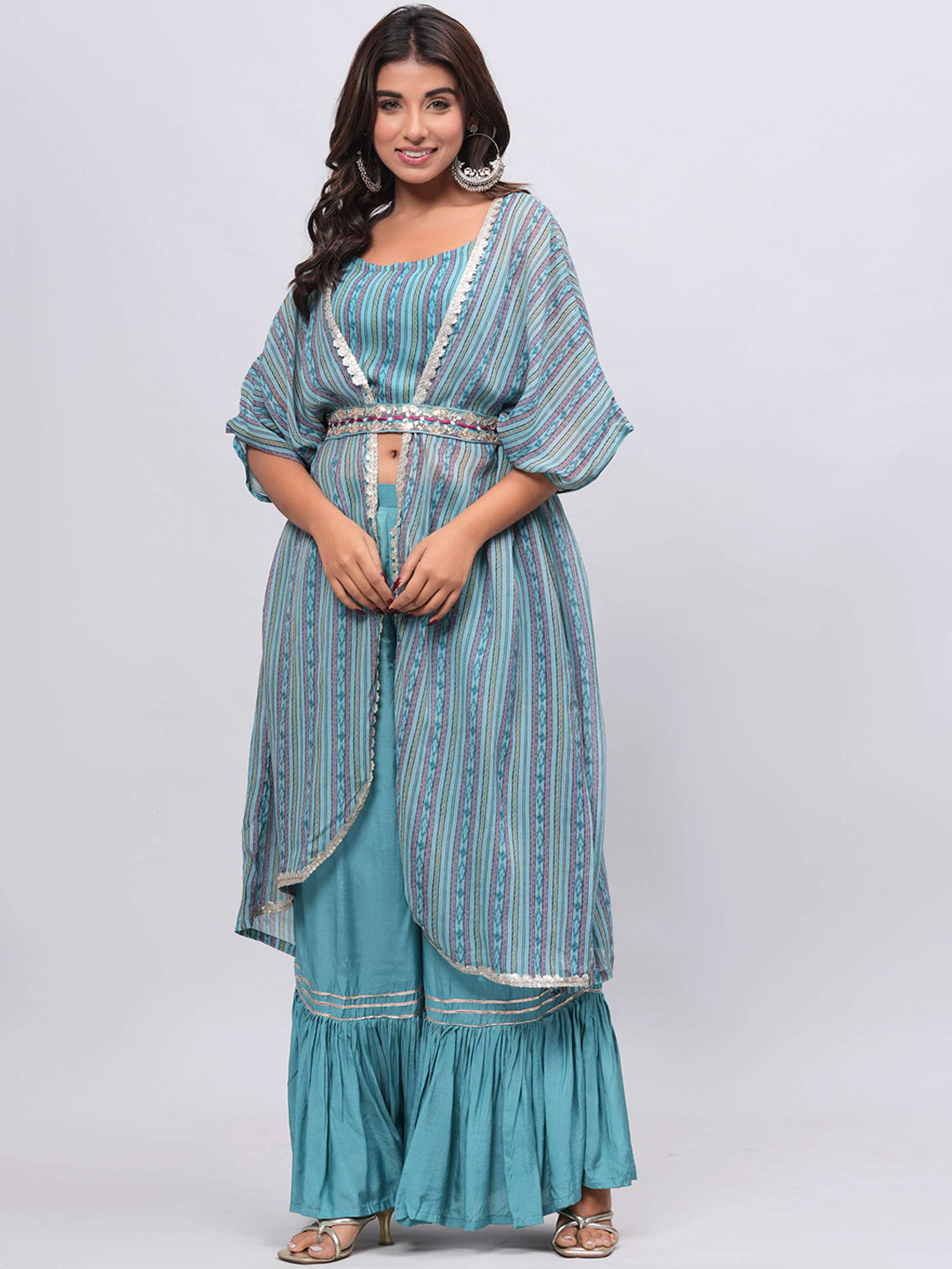 

Shikhaa Style Printed Gotta Patti Kurta with Sharara, Turquoise blue