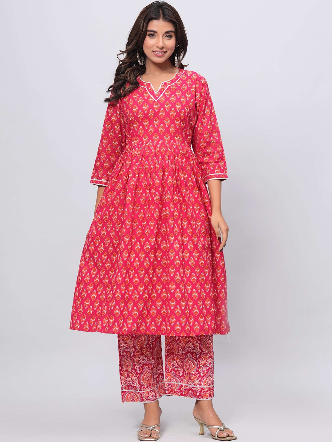 

Shikhaa Style Floral Printed Pleated A-Line Gotta Patti Kurta with Trousers, Red