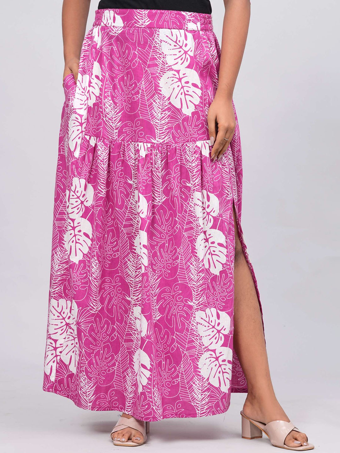

Shikhaa Style Floral Printed Gathered Detailed Pure Cotton Maxi A-line Skirt, Pink