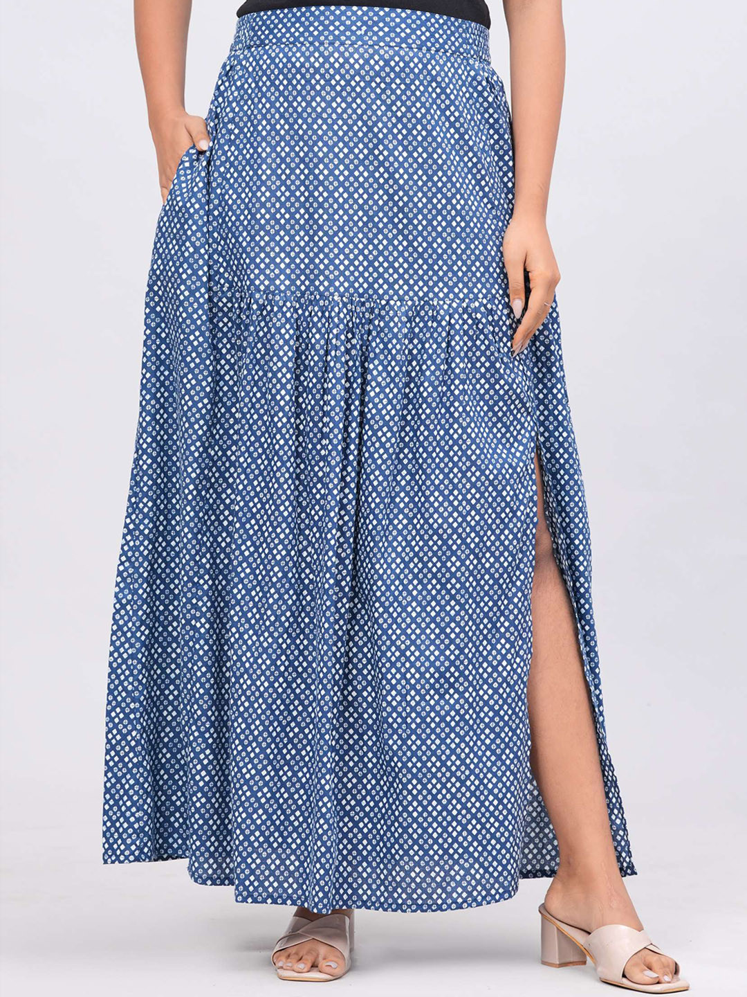 

Shikhaa Style Geometric Printed Gathered Detailed Pure Cotton Maxi A-line Skirt, Blue