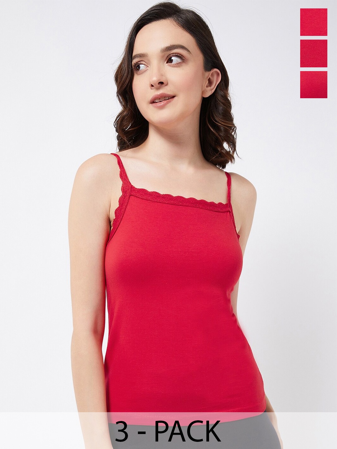 

COLOR CAPITAL Pack Of 3 Shoulder Straps Cotton Fitted Top, Red