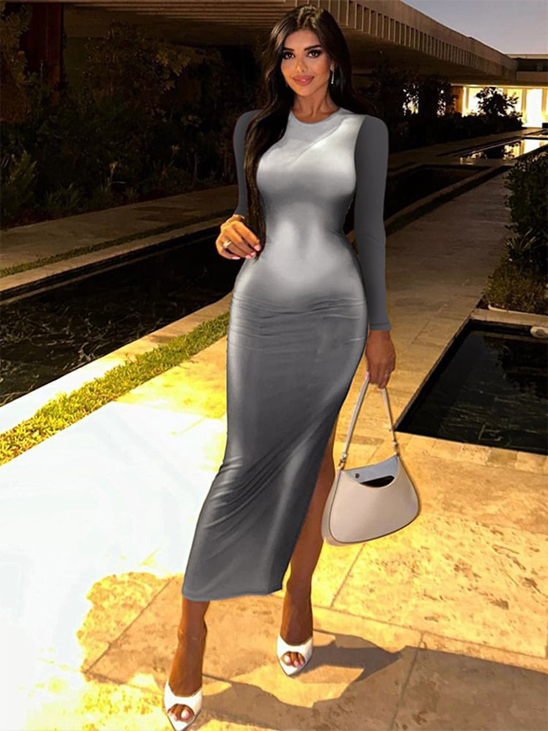 

StyleCast Grey Abstract Printed Long Sleeves Sheath Maxi Dress