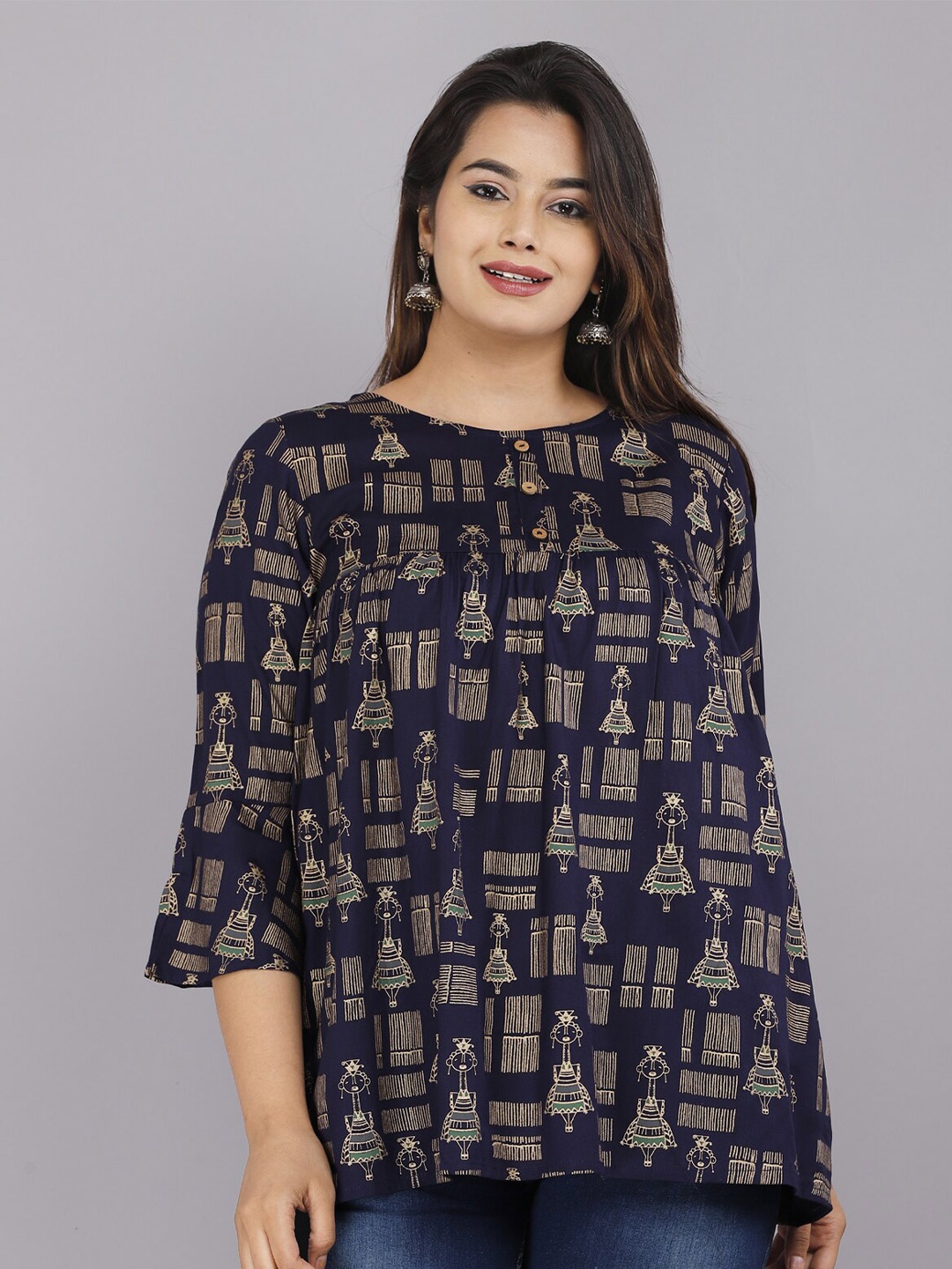 

BAESD Ethnic Motifs Printed Three-Quarter Sleeves A-Line Kurti, Blue