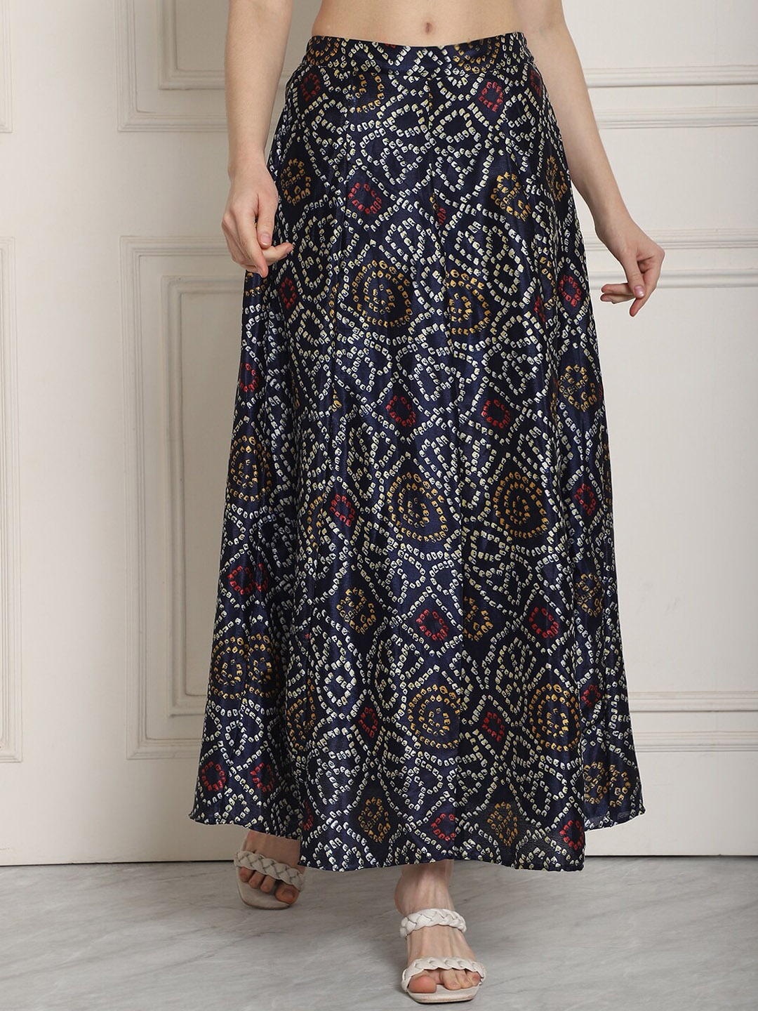 

NEUDIS Bandhani Printed Maxi Flared Skirt, Navy blue