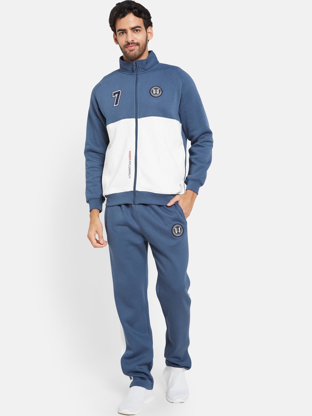 

Octave Colourblocked Mock Collar Fleece Jacket with Mid Rise Track Pant, Blue