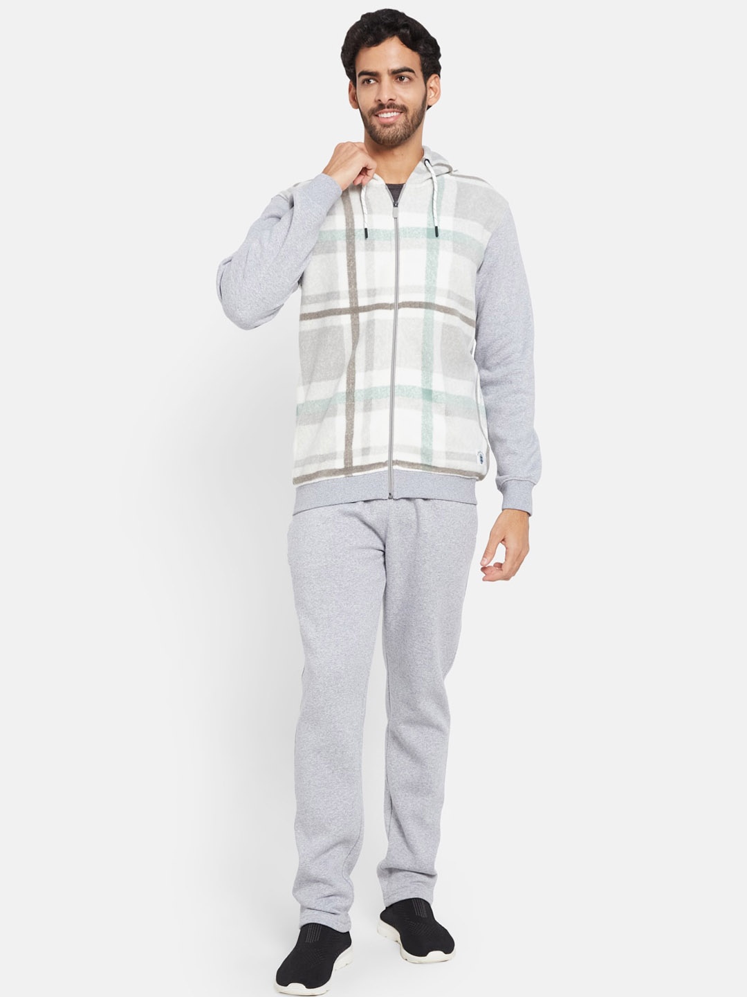 

Octave Checked Hooded Fleece Jacket with Mid Rise Track Pant, Grey