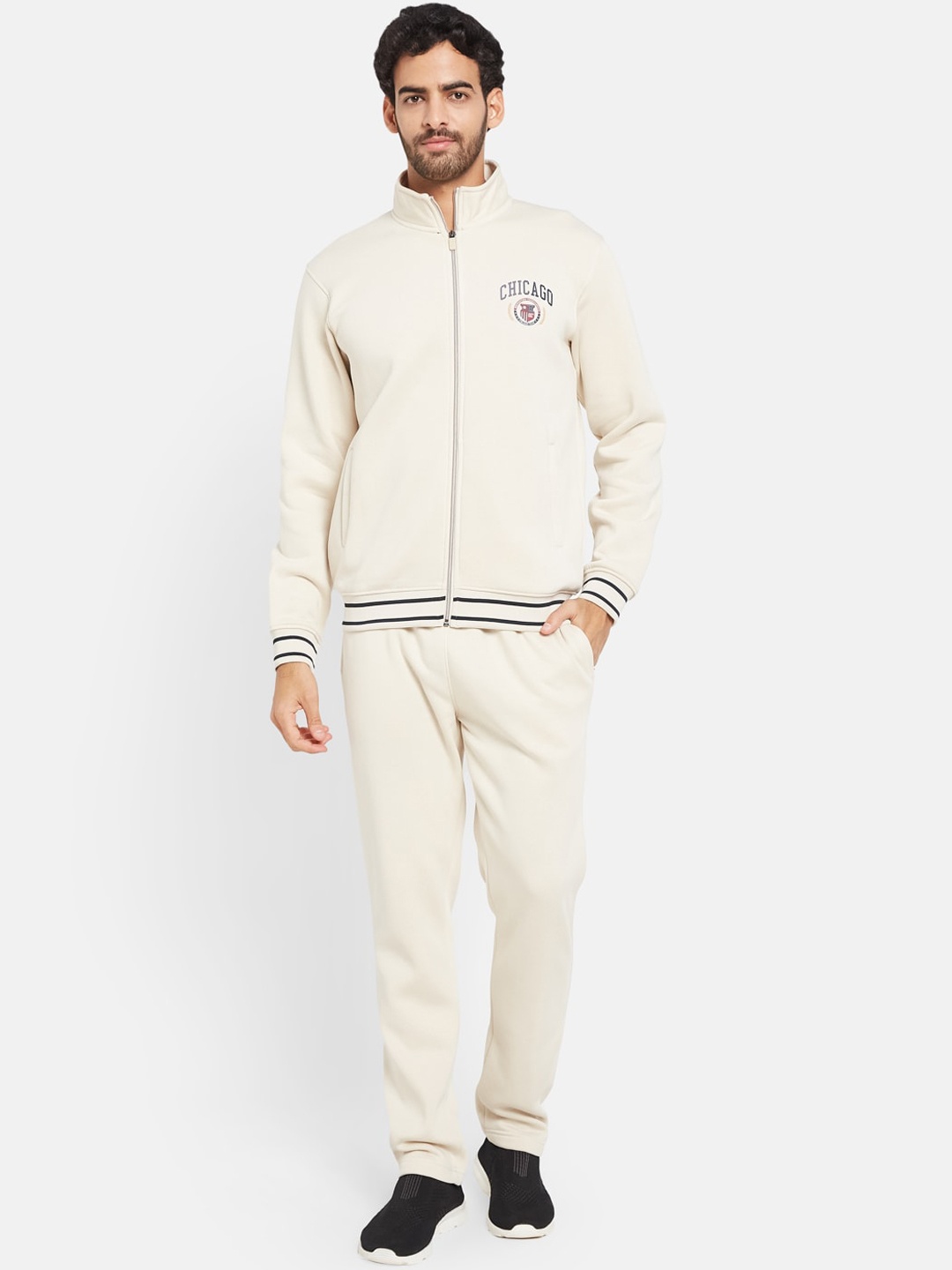 

Octave Mock Collar Fleece Jacket with Mid Rise Track Pant, Cream
