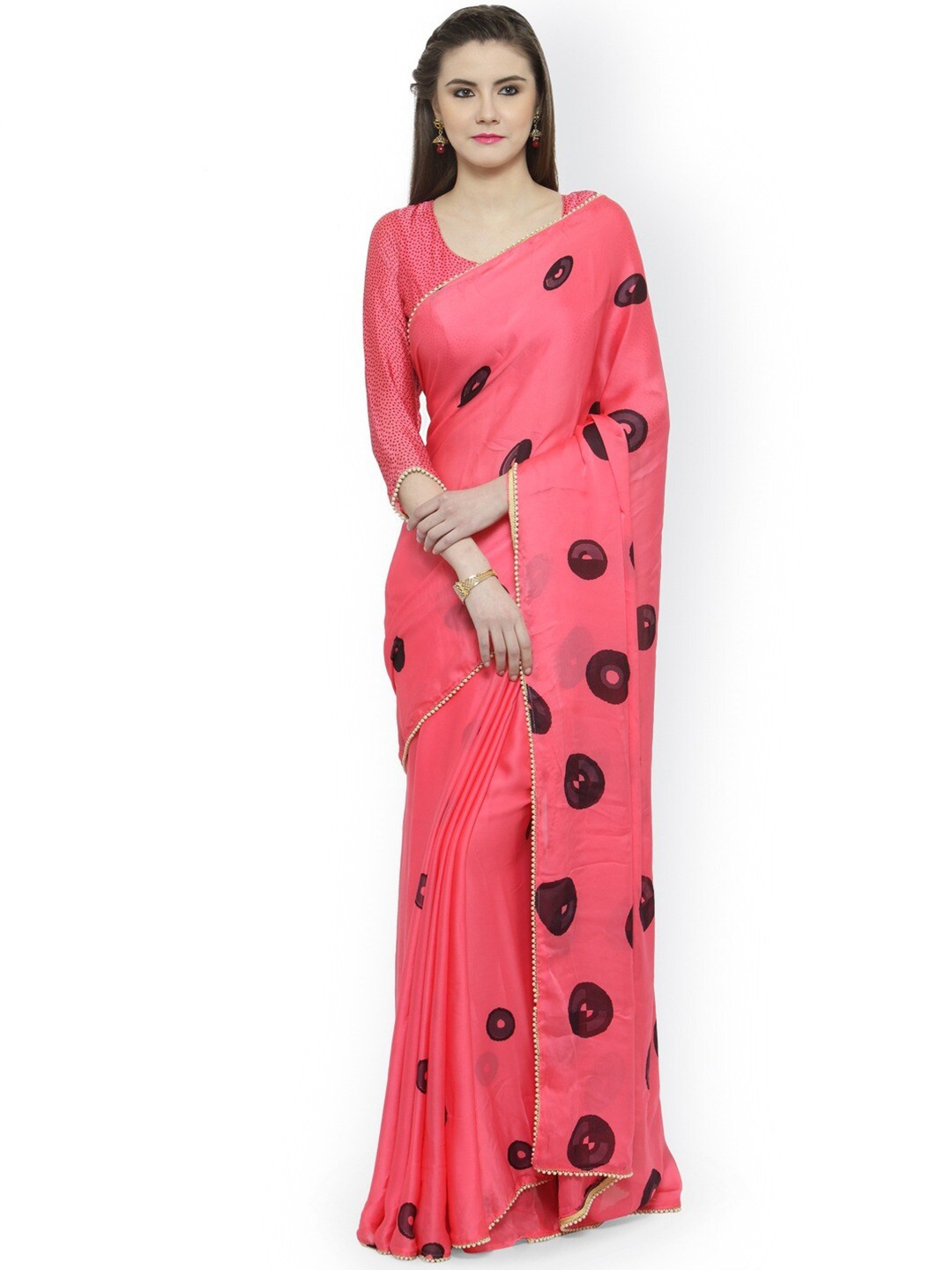 

HRITIKA Geometric Printed Embellished Satin Saree, Pink