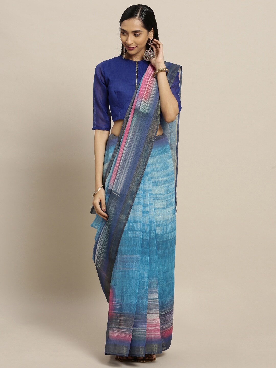 

HRITIKA Abstract Printed Pure Linen Saree, Blue