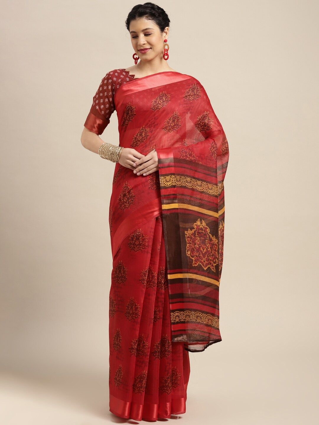 

HRITIKA Ethnic Motifs Printed Cotton Blend Saree, Red