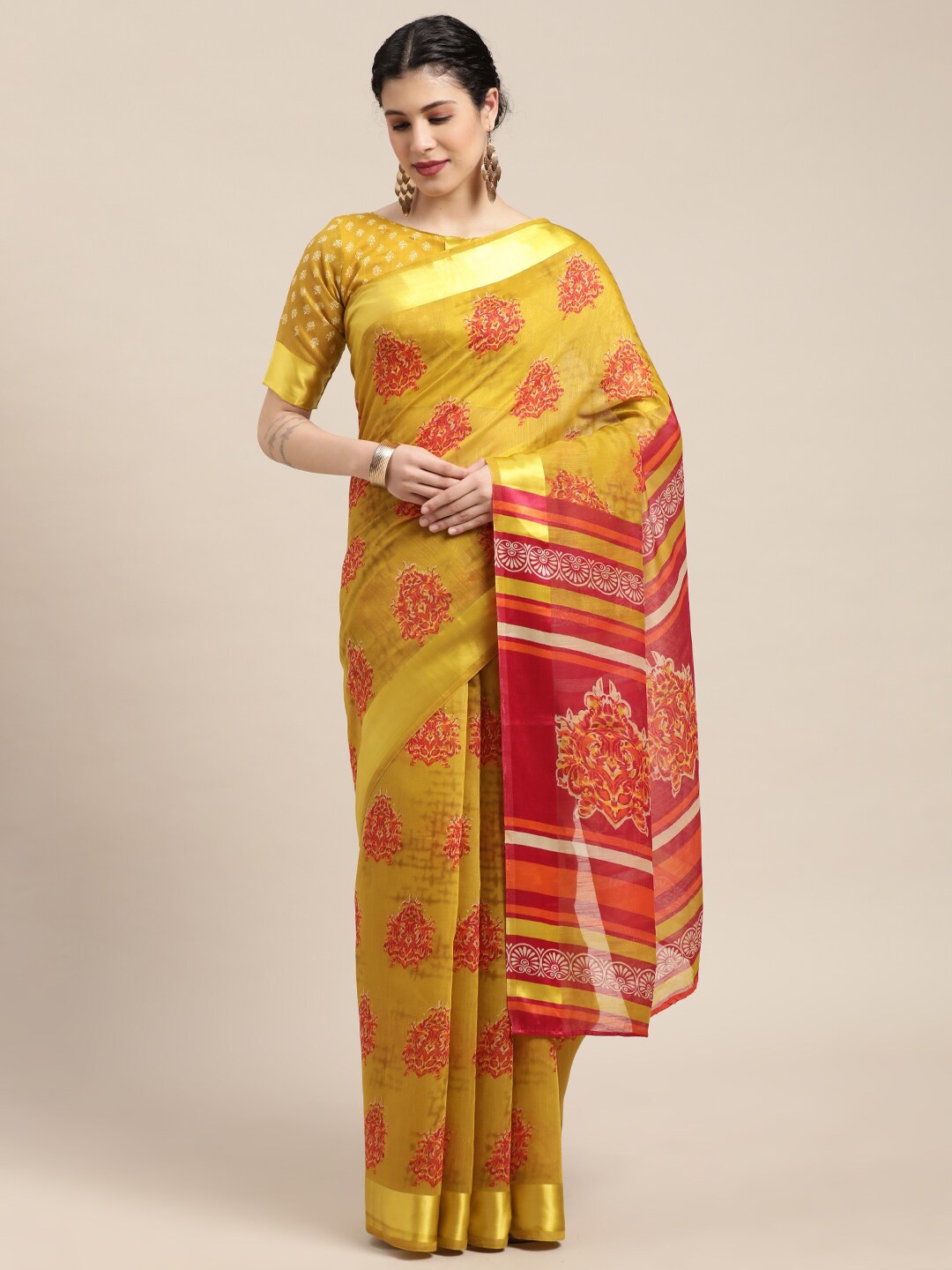 

HRITIKA Ethnic Motifs Printed Cotton Blend Saree, Mustard