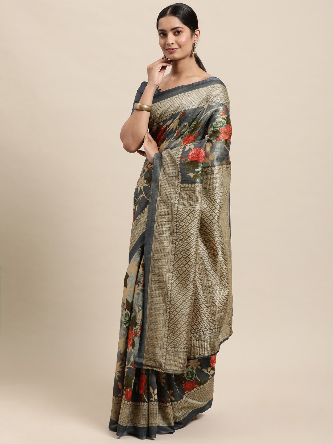 

HRITIKA Floral Printed Silk Blend Saree, Grey