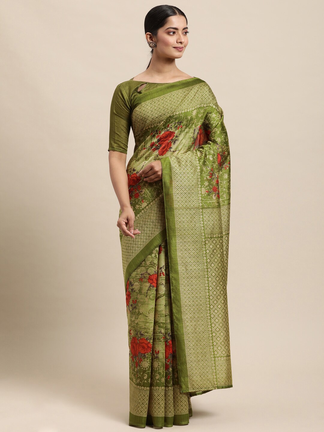 

HRITIKA Floral Printed Mysore Silk Saree, Green