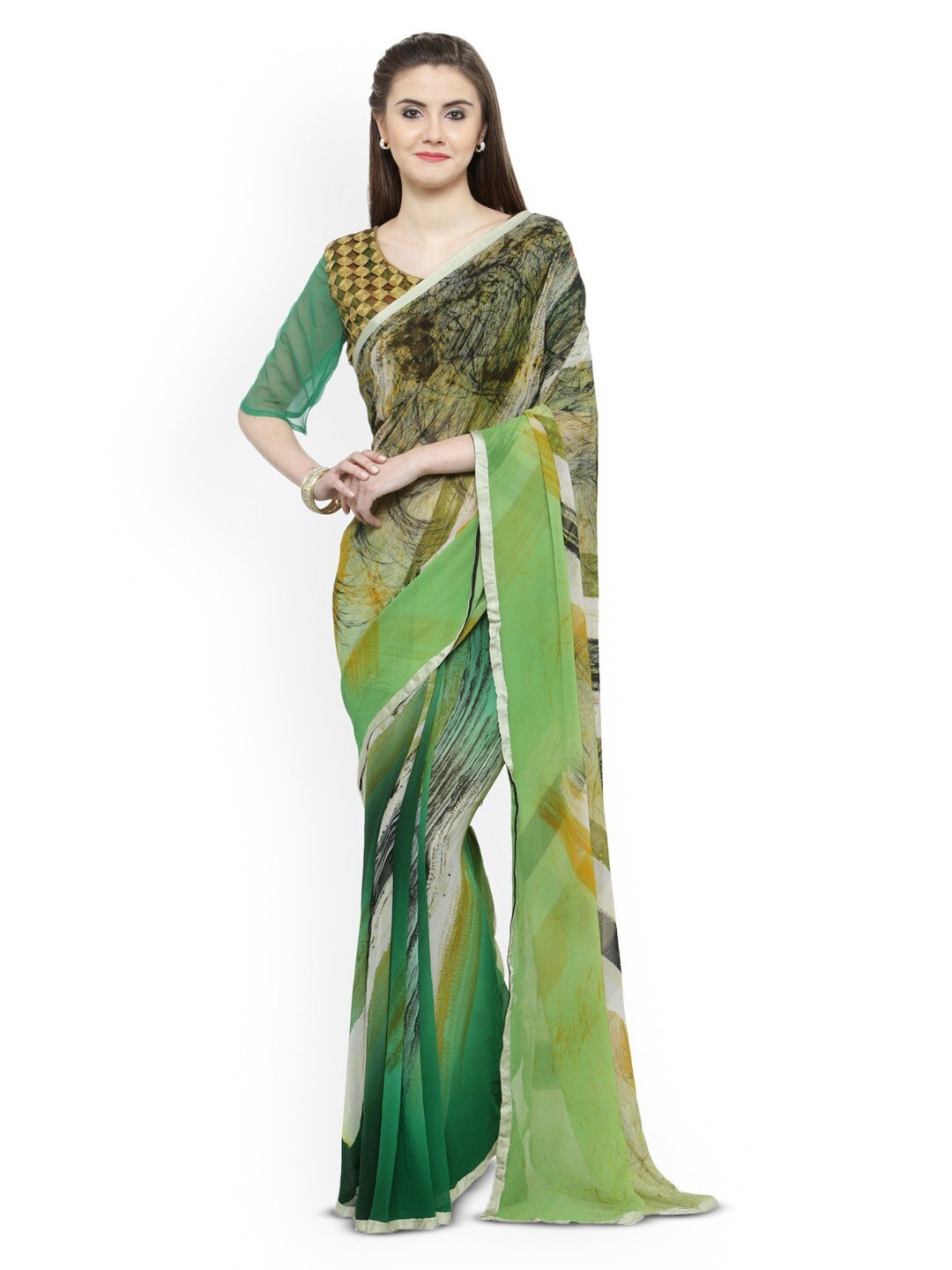 

HRITIKA Abstract Printed Poly Georgette Saree, Green