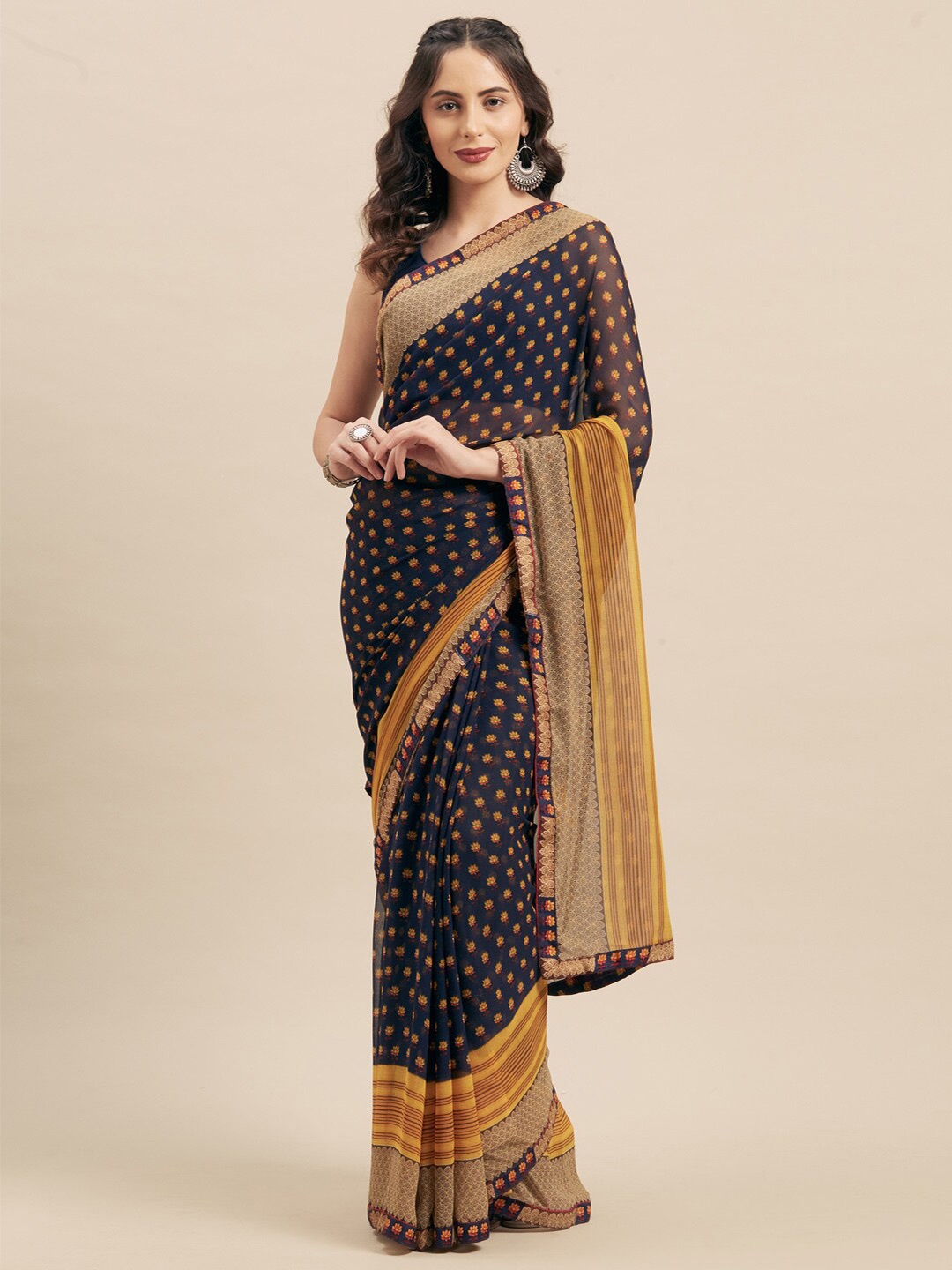 

HRITIKA Floral Printed Poly Georgette Saree, Navy blue